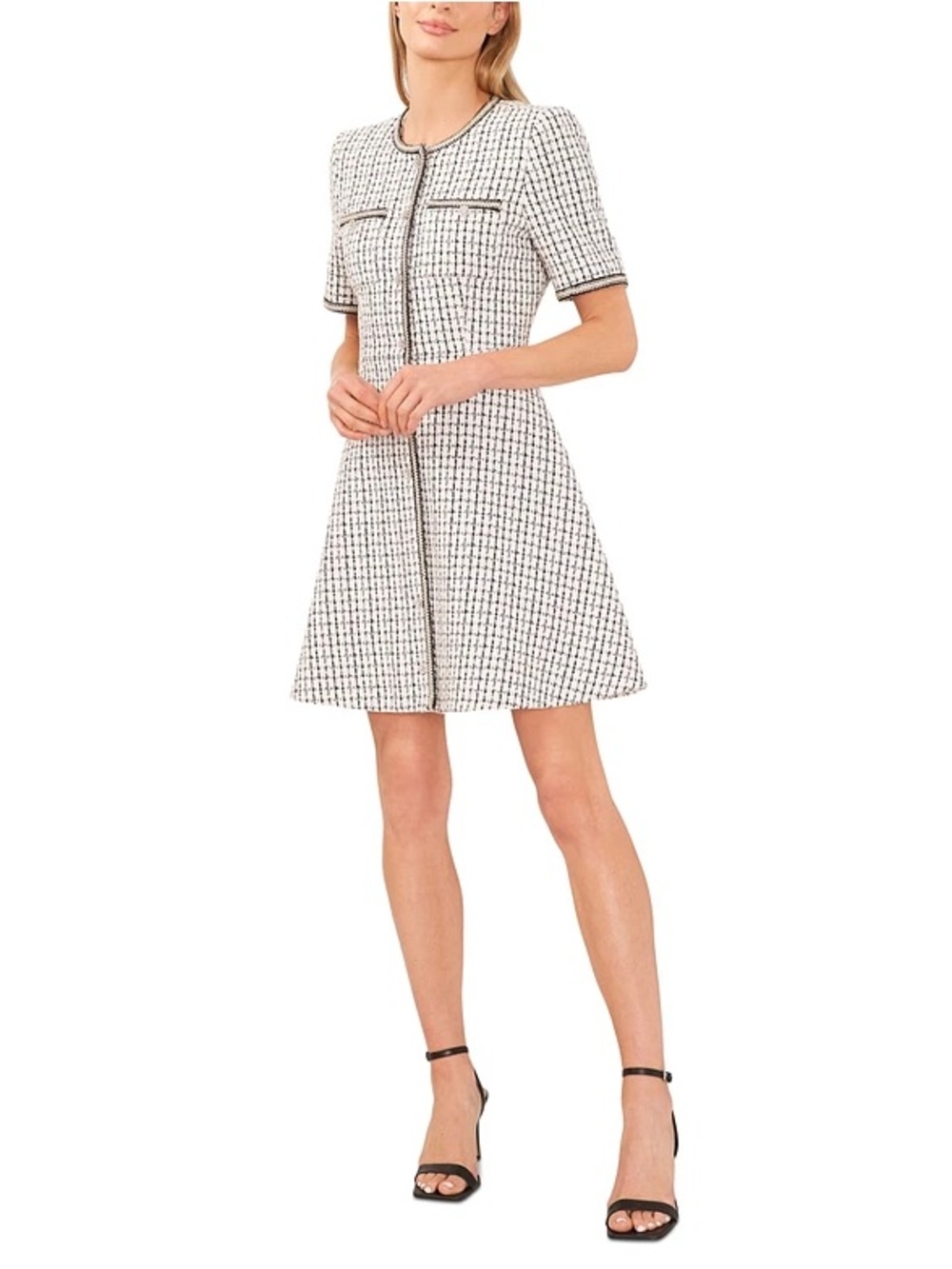 CeCe White and Black Tweed Fit-and-Flare Dress
